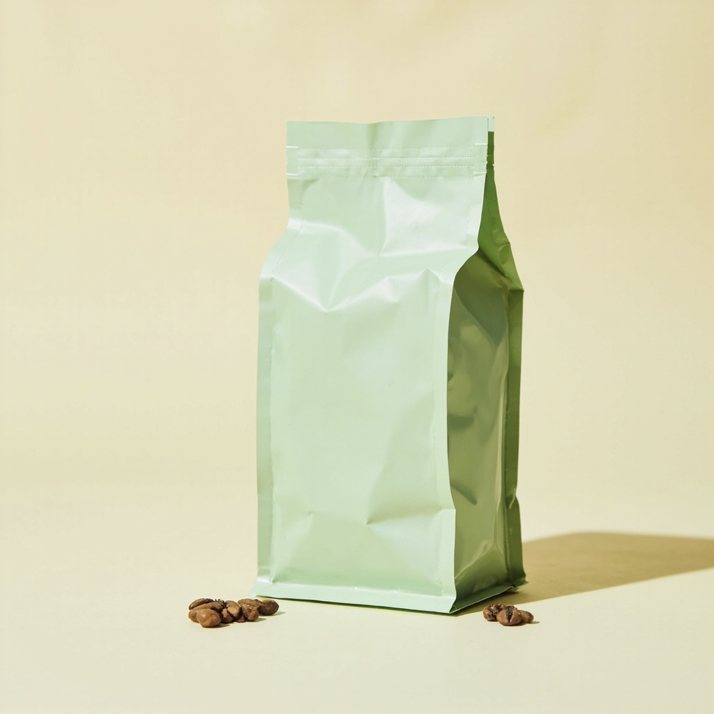 A plain pale-sage coffee bag standing upright on a pale seamless background, a few roasted beans beside it.
