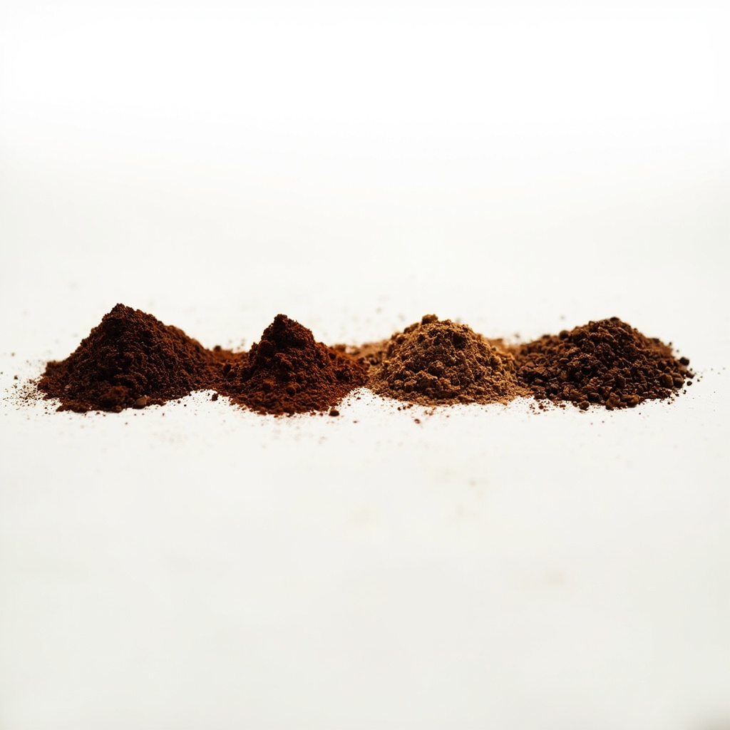 Four piles of ground coffee showing texture from whole beans down to a fine powder.