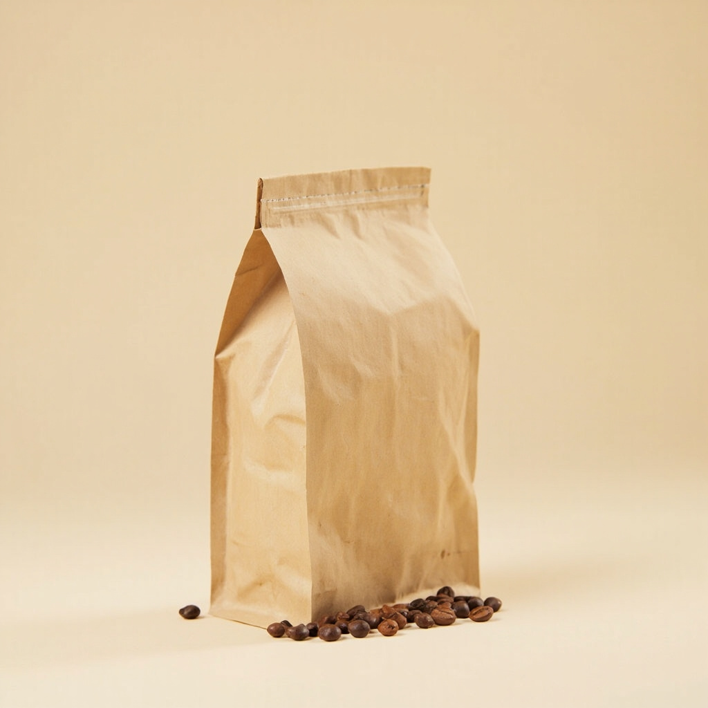 A plain kraft-paper coffee bag standing upright on a pale seamless background, a few roasted beans scattered at its base.