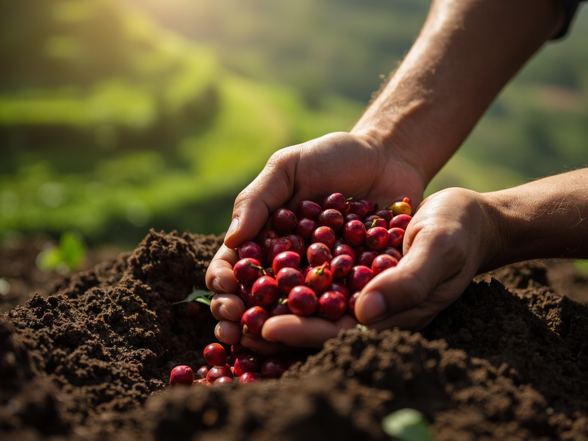 Hands holding freshly picked red coffee cherries, with green terraced rows of the farm behind.