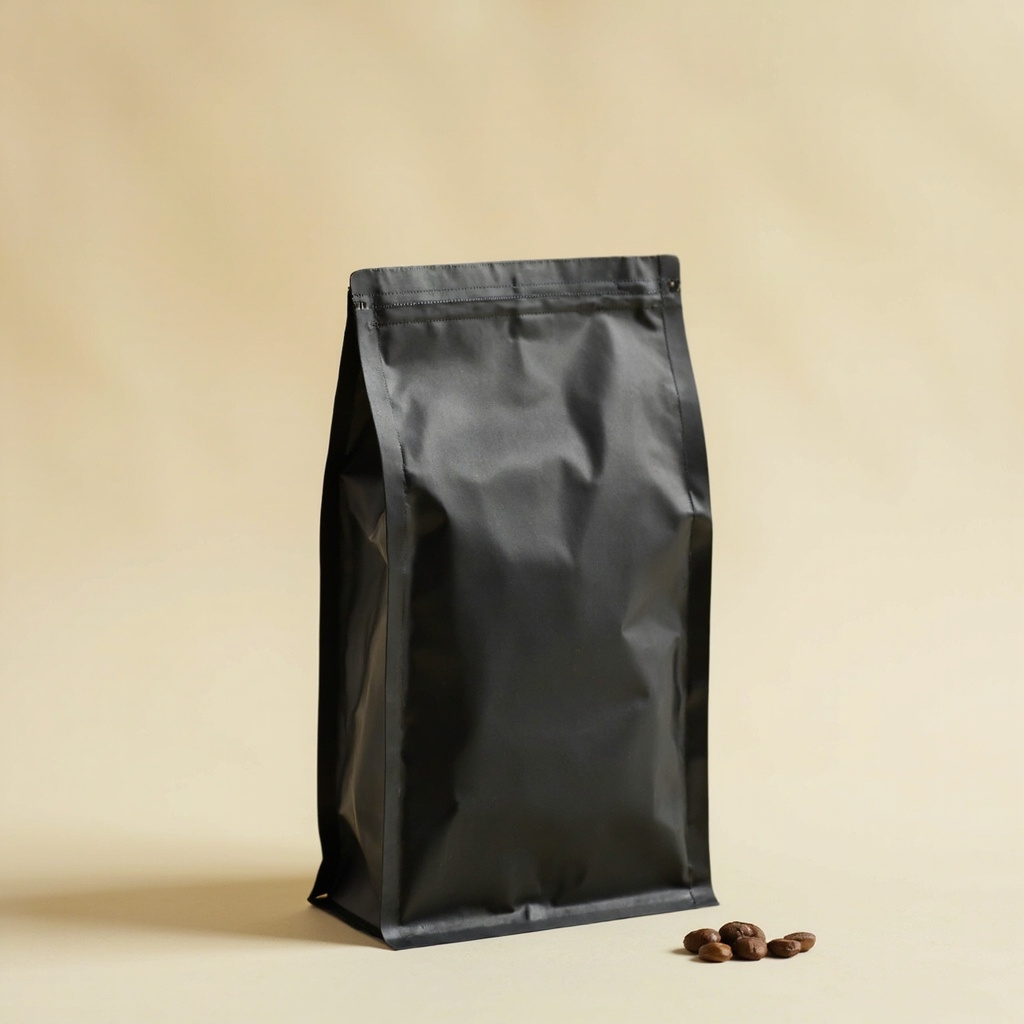 A plain charcoal-grey coffee bag standing upright on a pale seamless background, a few roasted beans in front of it.