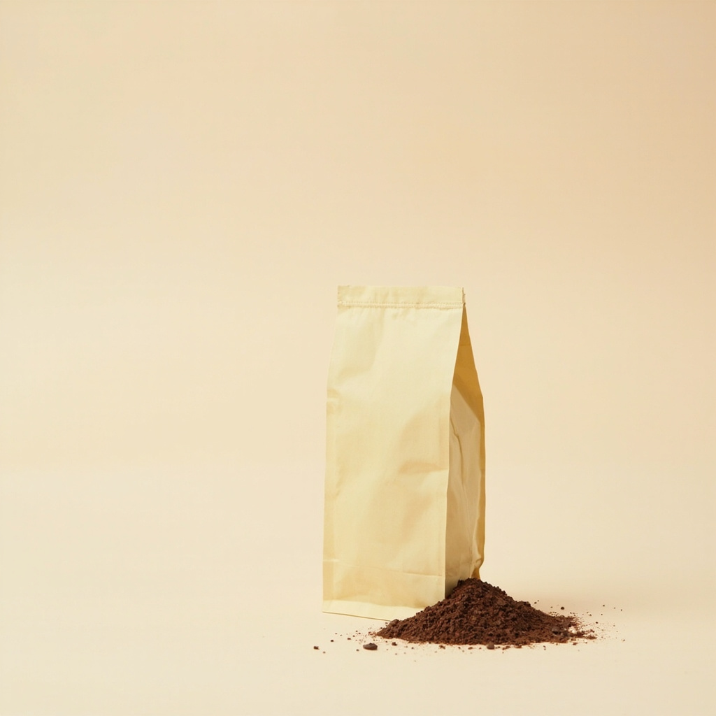 A plain cream-coloured coffee bag standing upright on a pale seamless background, a light dusting of ground coffee beside it.