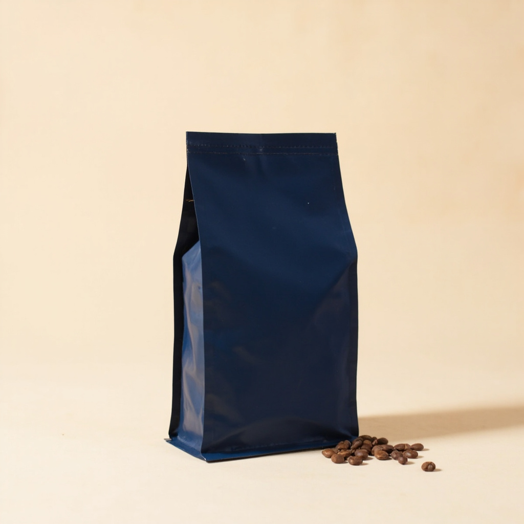 A plain deep-navy coffee bag standing upright on a pale seamless background, a few roasted beans beside it.