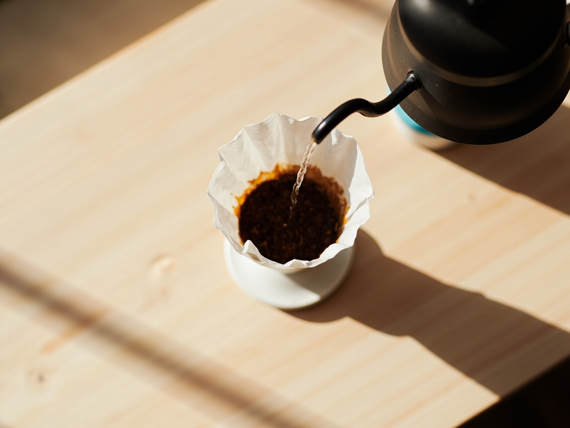 A gooseneck kettle pouring a thin stream into a ceramic cone, mid-brew on a wooden bench.