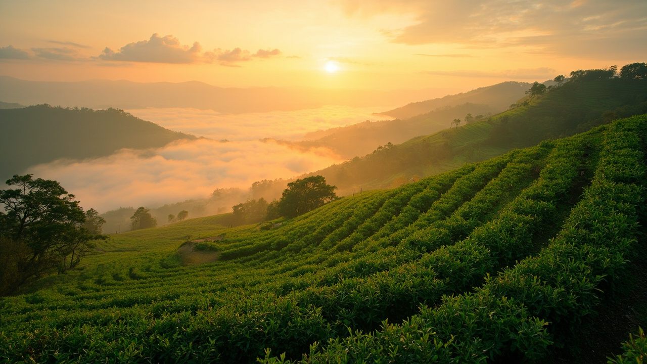 Green coffee terraces stepping down a hillside in low morning light.