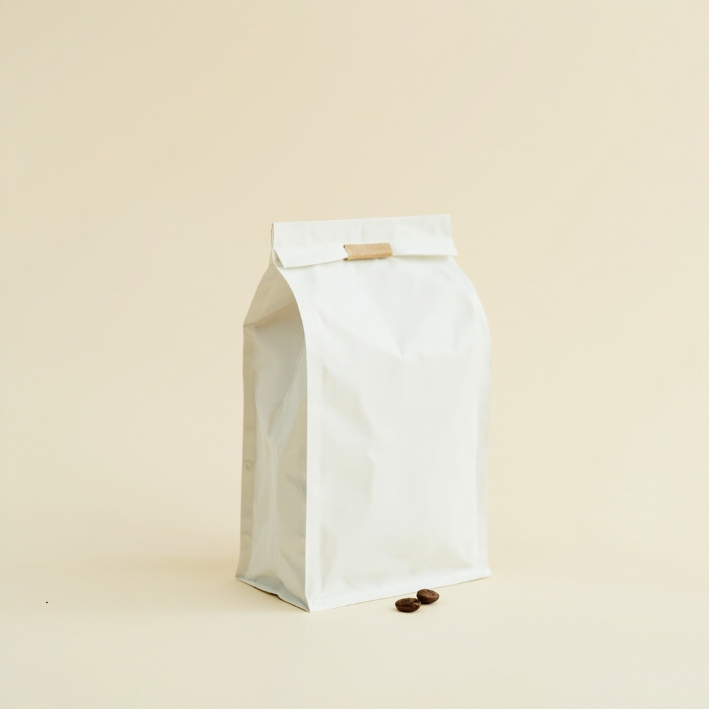 A plain matte-white coffee bag with a kraft-coloured top fold, standing upright with one roasted bean beside it.