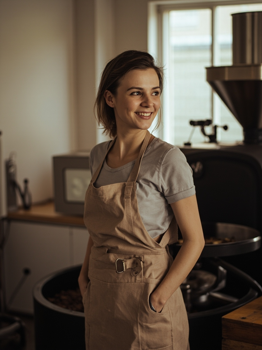 Mia Herewini standing beside the drum roaster in her work apron.