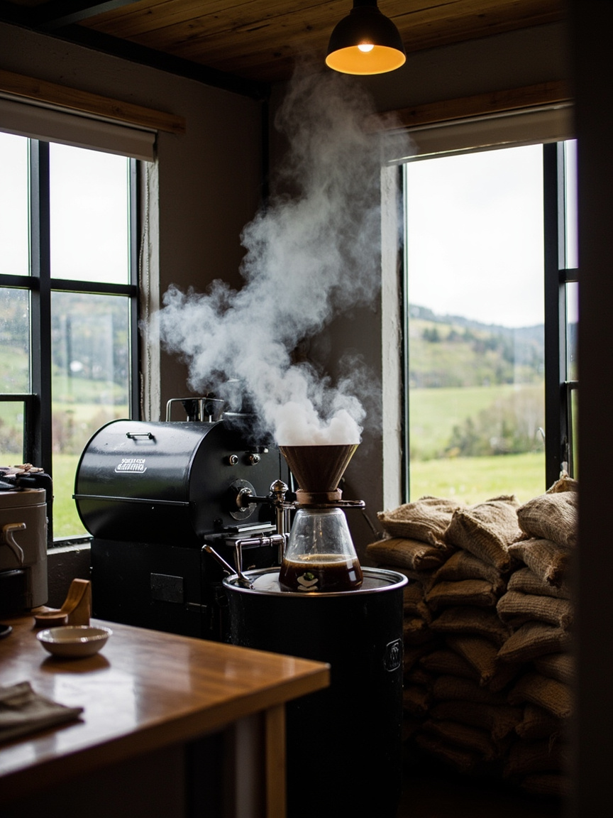 A bright roastery on a hilltop at morning: a wooden counter with a small drum roaster, hessian sacks of green coffee and a pour-over under way, green hills through the window.