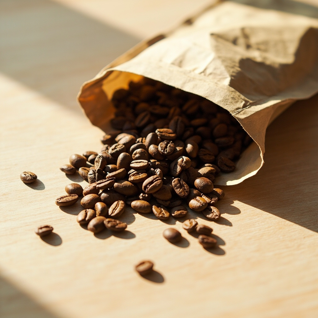 Roasted beans spilling from a plain kraft bag onto a pale wooden table.
