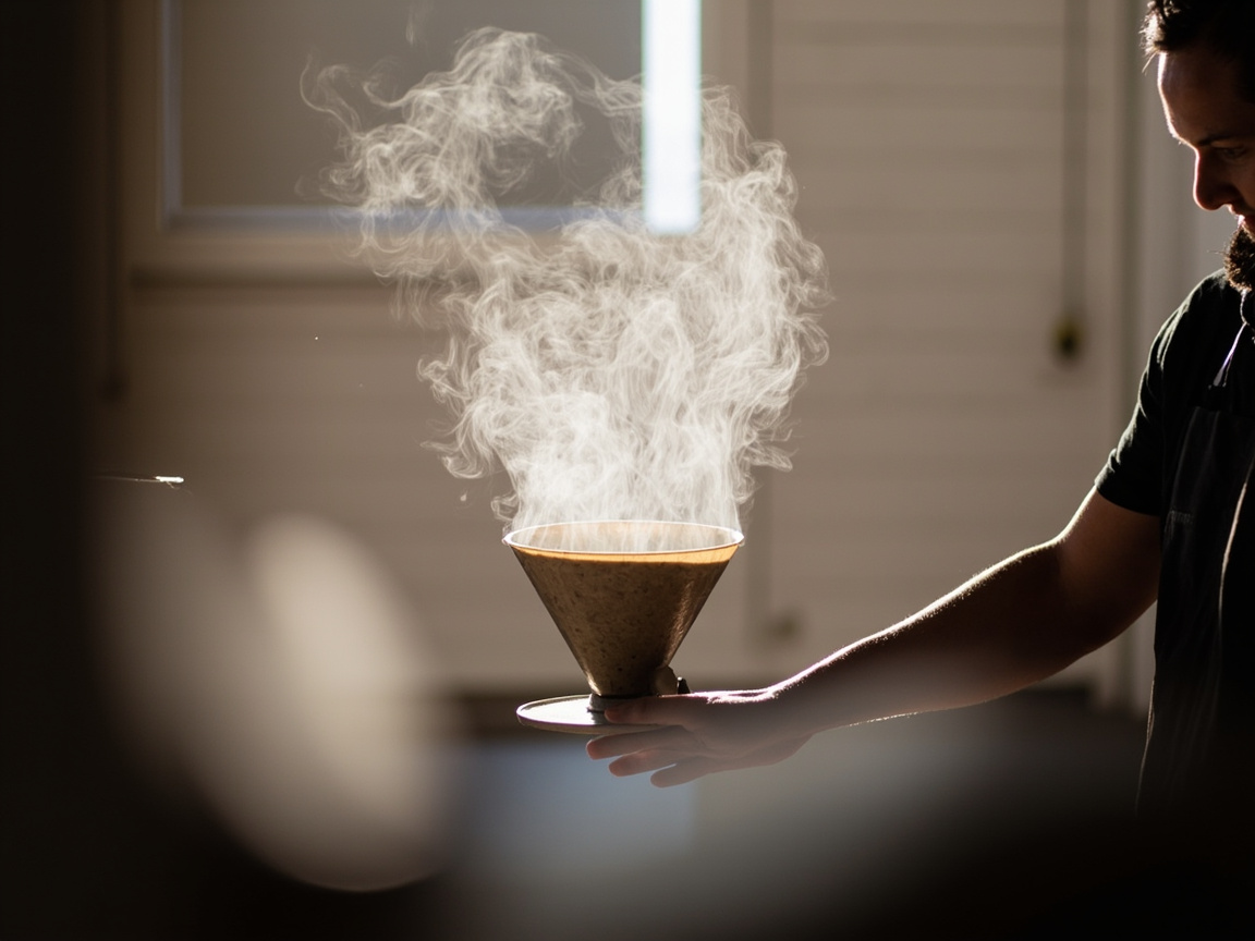 A slow pour-over: a ceramic cone over a glass server with steam rising.