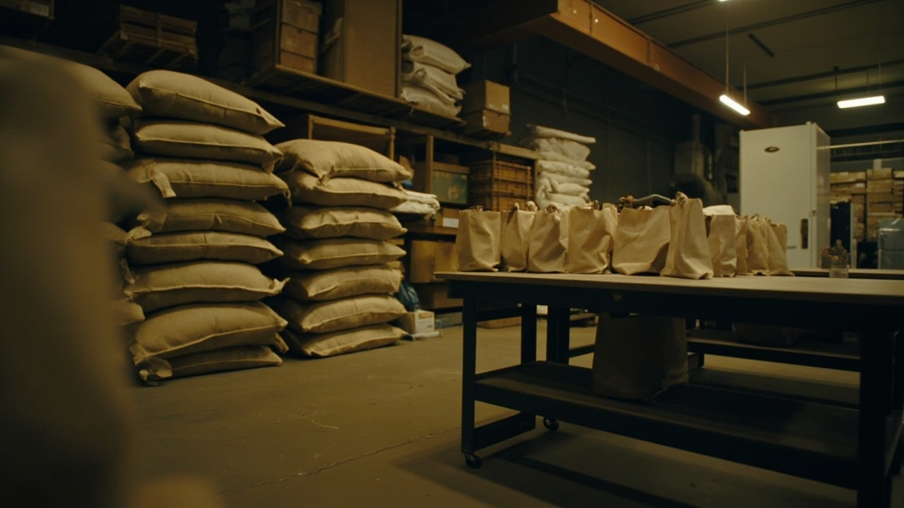 The roastery packing area: stacked hessian sacks of green coffee and plain kraft bags on a packing bench.