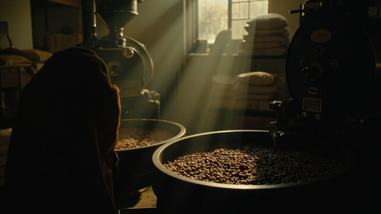 A roaster at work in the roastery, a cooling tray full of fresh beans and roasted sacks stacked in morning light.