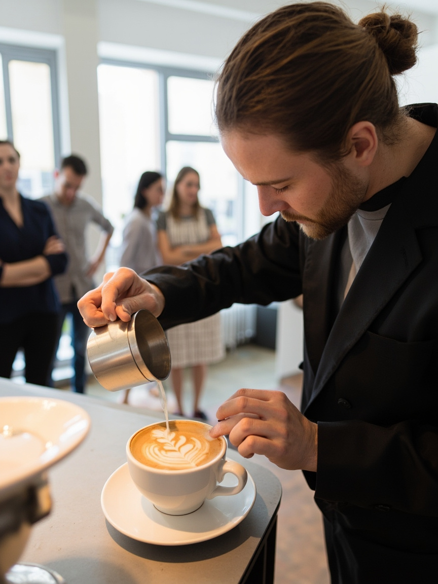 A latte art workshop in a bright training room, a barista pouring while a small group watches.