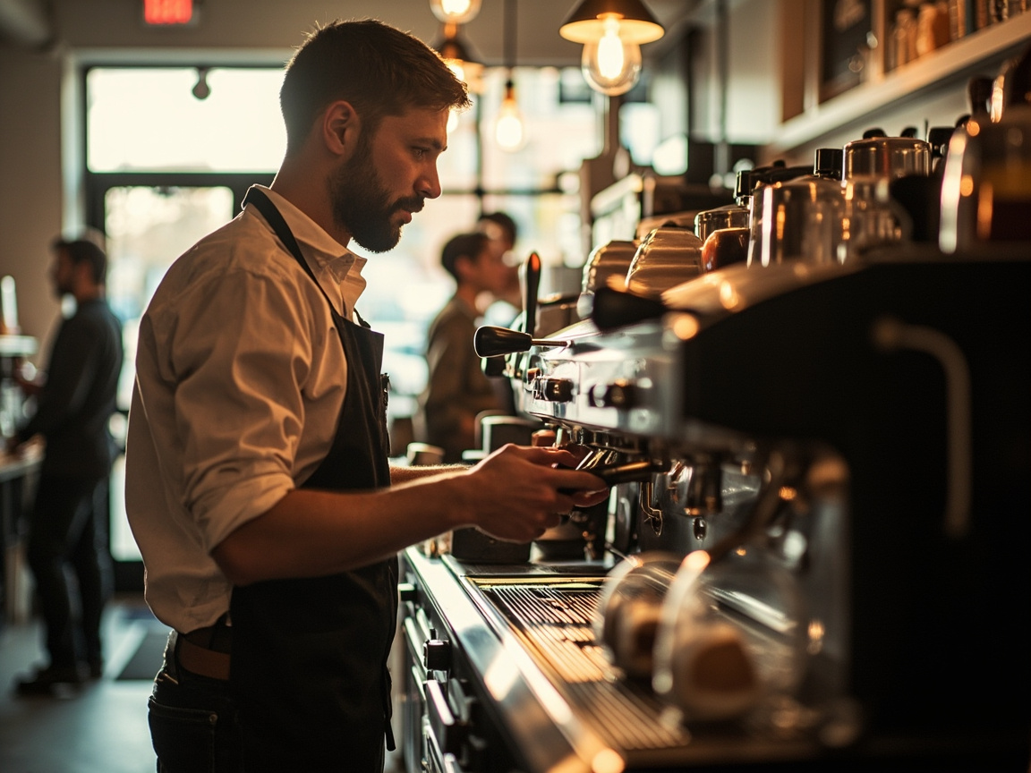 A barista pulling espresso on a polished machine while the morning rush blurs behind.